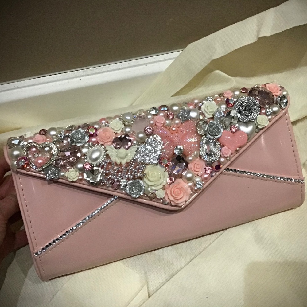 Blush pink crystal rhinestone pearl hand crafted purse clutch ooak